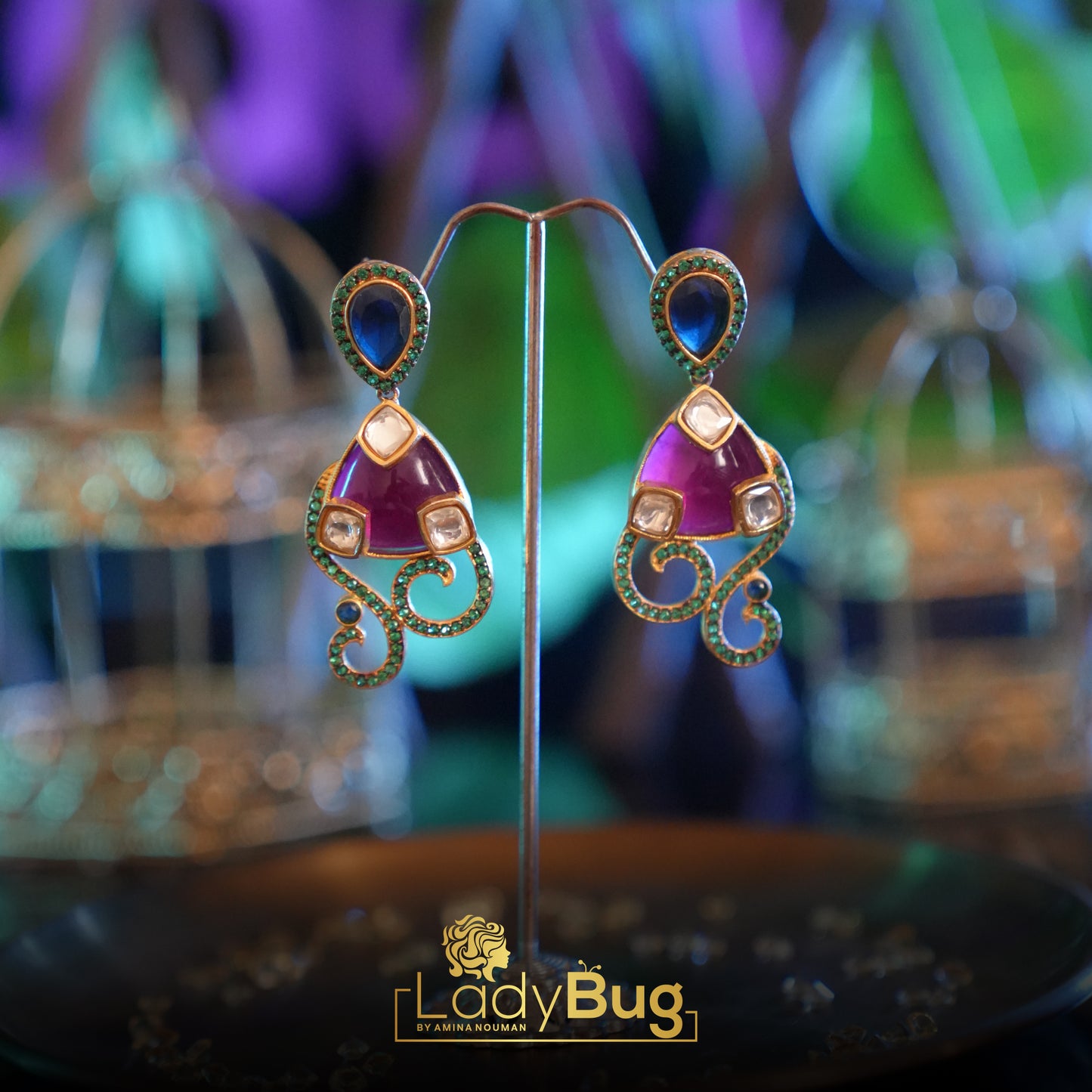 Product Details: Kundan earrings with Ruby and Blue Color stone