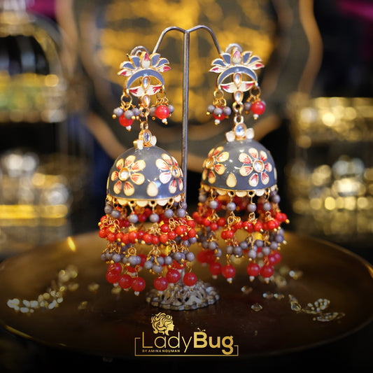 Kundan Jhumka with Meena in grey color