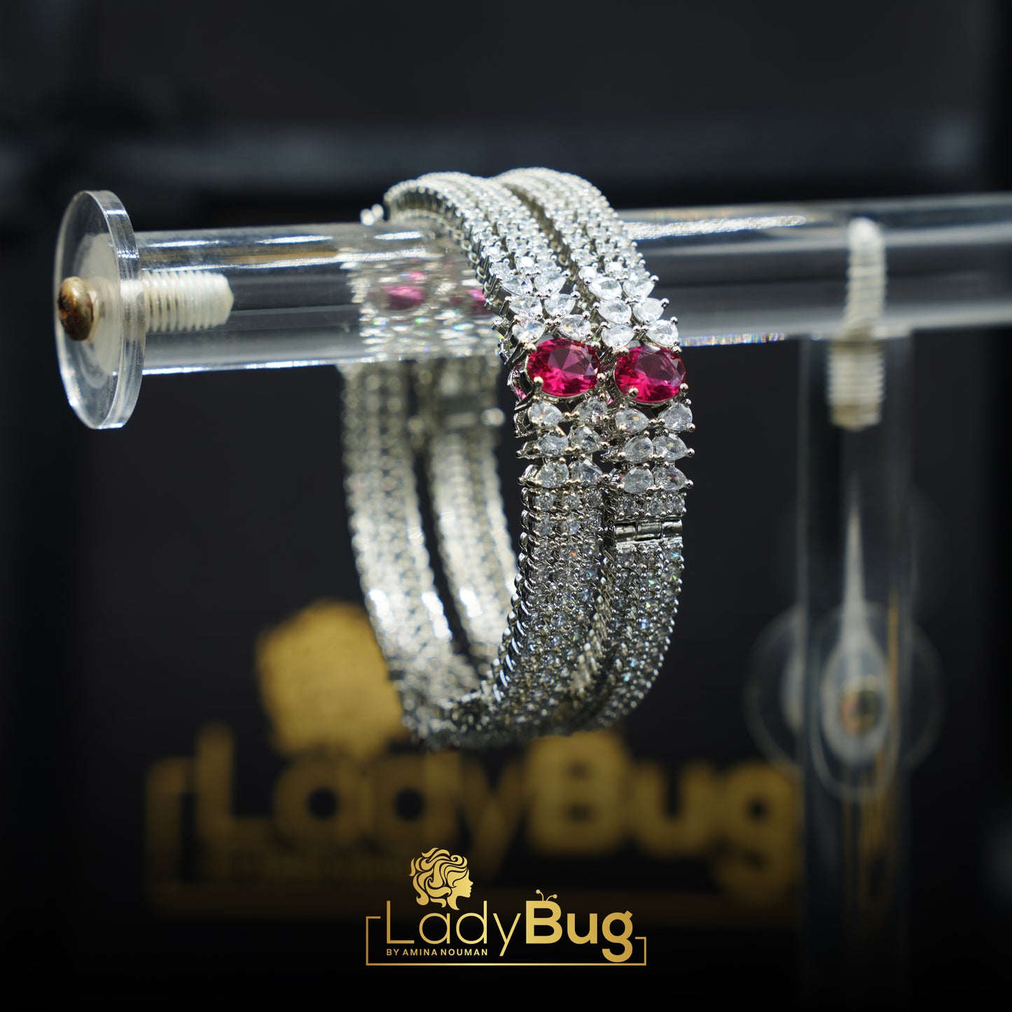 Openable Rhodium bangles with Ruby color