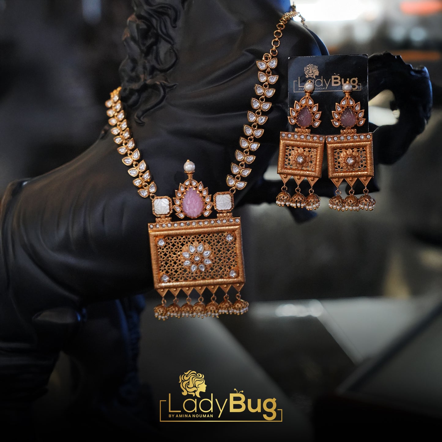 Tayani Kundan Mala Set with Carved Pink Stone