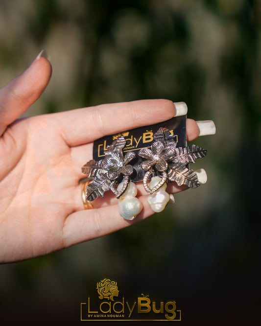 Mother Pearl Big Flower Studs with Victorian Polish