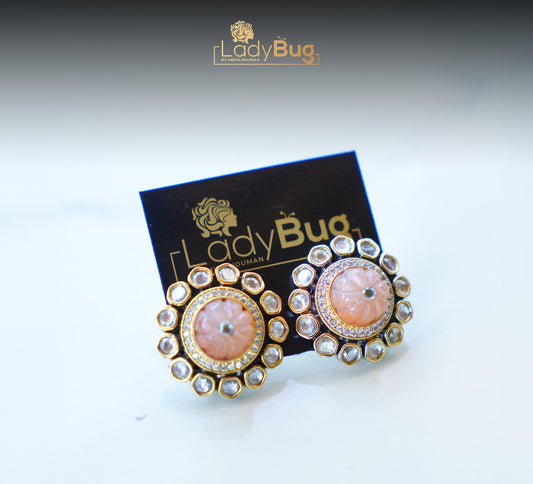 Tiyani Kundan Studs with Carved Stones in Peachy orange colo